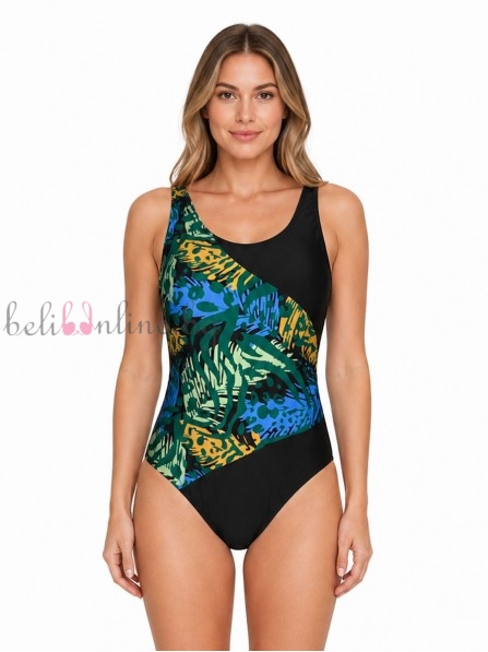 Цял дамски бански с вътрешни чашки без банели Aloha Mare 900, черен/тропическа шарка - Бански