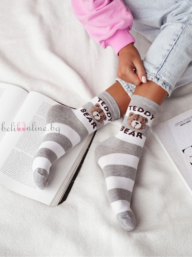 Къси памучни чорапи на райе с мече milena Teddy Bear, бежов/бял Къси памучни чорапи на райе с мече milena Teddy Bear, бежов/бял - Чорапи и чорапогащници