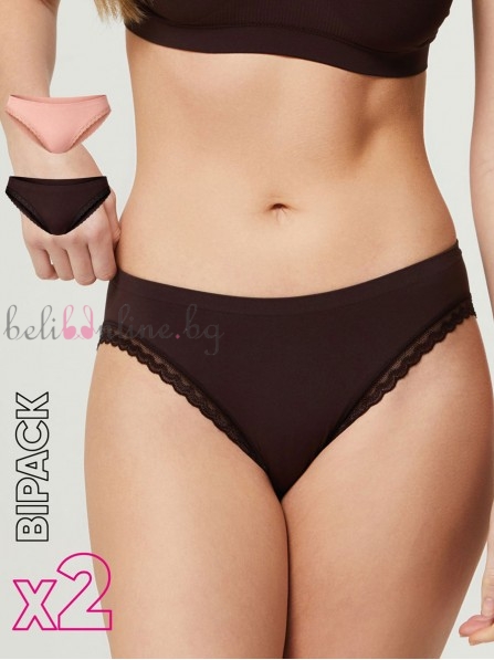 Комплект 2 броя бикини от Q-SKIN микрофибър с дантела pompea Slip seamless 2, черен/ бежов