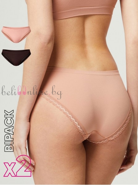 Комплект 2 броя бикини от Q-SKIN микрофибър с дантела pompea Slip seamless 2, черен/ бежов