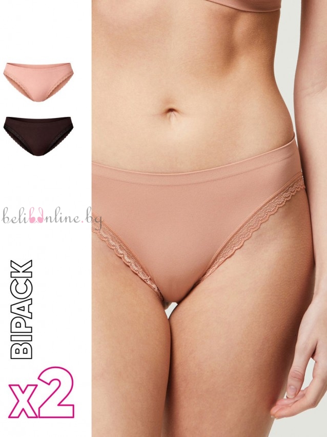 Комплект 2 броя бикини от Q-SKIN микрофибър с дантела pompea Slip seamless 2, черен/ бежов Комплект 2 броя бикини от Q-SKIN микрофибър с дантела pompea Slip seamless 2, черен/ бежов - Дамско бельо