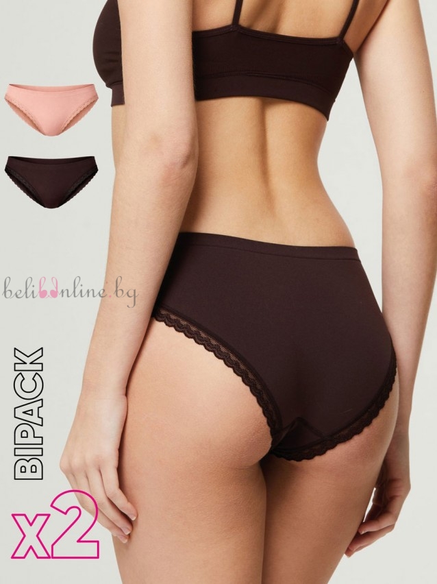 Комплект 2 броя бикини от Q-SKIN микрофибър с дантела pompea Slip seamless 2, черен/ бежов Комплект 2 броя бикини от Q-SKIN микрофибър с дантела pompea Slip seamless 2, черен/ бежов - Дамско бельо
