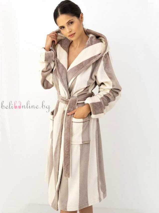 Пухкав дамски халат с качулка и десен на райе SENSIS LIRIEN Пухкав дамски халат с качулка и десен на райе SENSIS LIRIEN - Дамско бельо