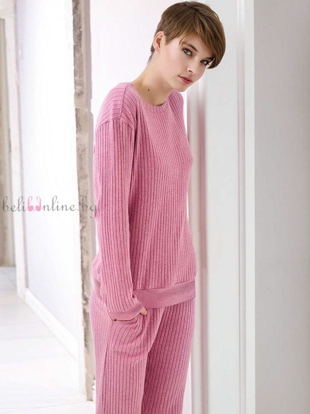 Дамска пижама блуза с дълги ръкави и дълъг панталон от рипсен памук Jadea 5214, fragola melange Дамска пижама блуза с дълги ръкави и дълъг панталон от рипсен памук Jadea 5214, fragola melange - Дамско бельо