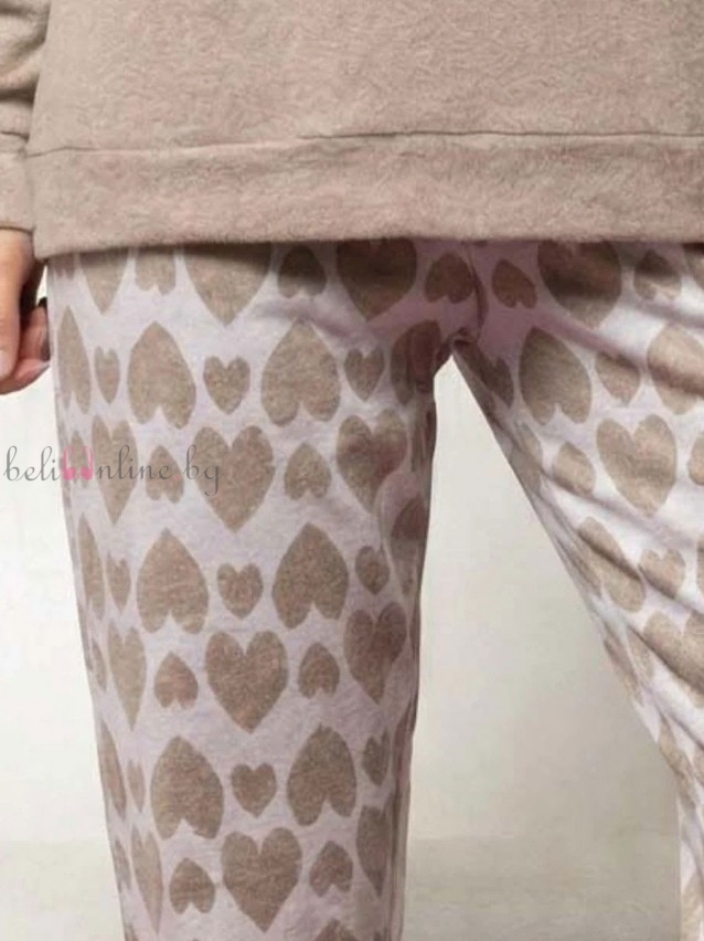 Топла памучна пижама блуза с дълги ръкави и дълъг панталон SieLei NE16, beige - Дамско бельо