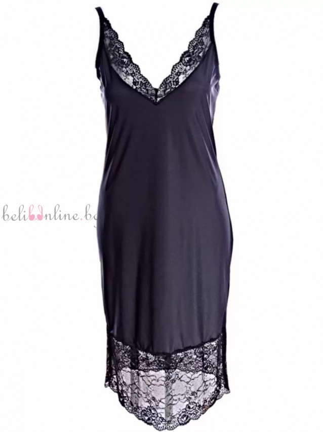 Дамска рокля бельо с тънки презрамки от микрофибър и дантела Sia 486, черен - Дамско стягащо и оформящо бельо