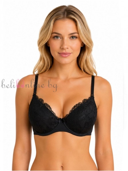 Сутиен с твърди шити Push Up чашки на банели от дантела и микрофибър Finesse 29000, черен - Дамско бельо