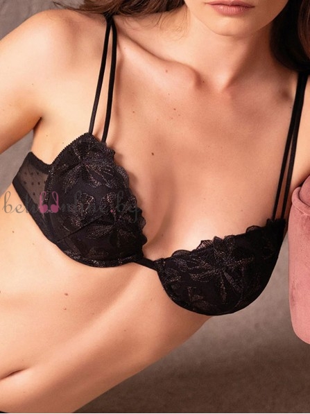 Сутиен с твърди формовани push-up чашки на банели от бродирана дантела SieLei 7744, черен