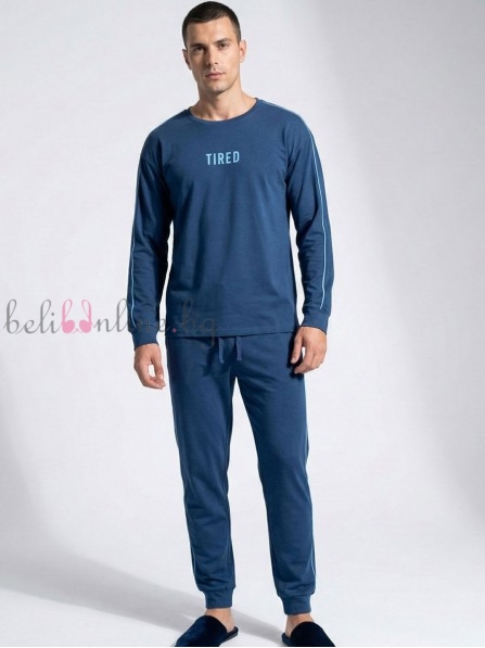 Памучна мъжка пижама блуза с дълги ръкави и дълъг панталон TRESS 6434, jeans - Мъжко бельо