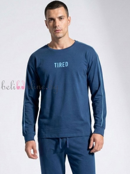 Памучна мъжка пижама блуза с дълги ръкави и дълъг панталон TRESS 6434, jeans - Мъжко бельо